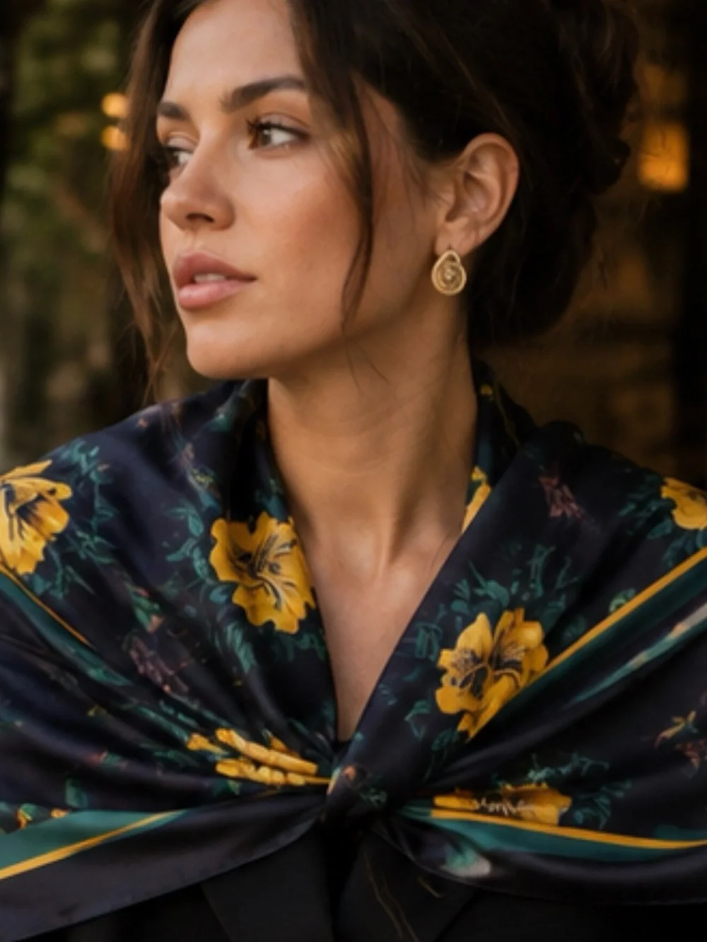 Navy Floral Silk-Look Neck Scarf with Yellow Blooms